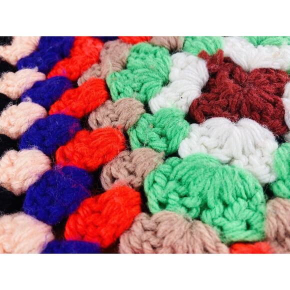 Vintage Hand Crochet Afghan Throw Granny Squares Retro Black Rainbow 70s Cottage - Picture 8 of 11